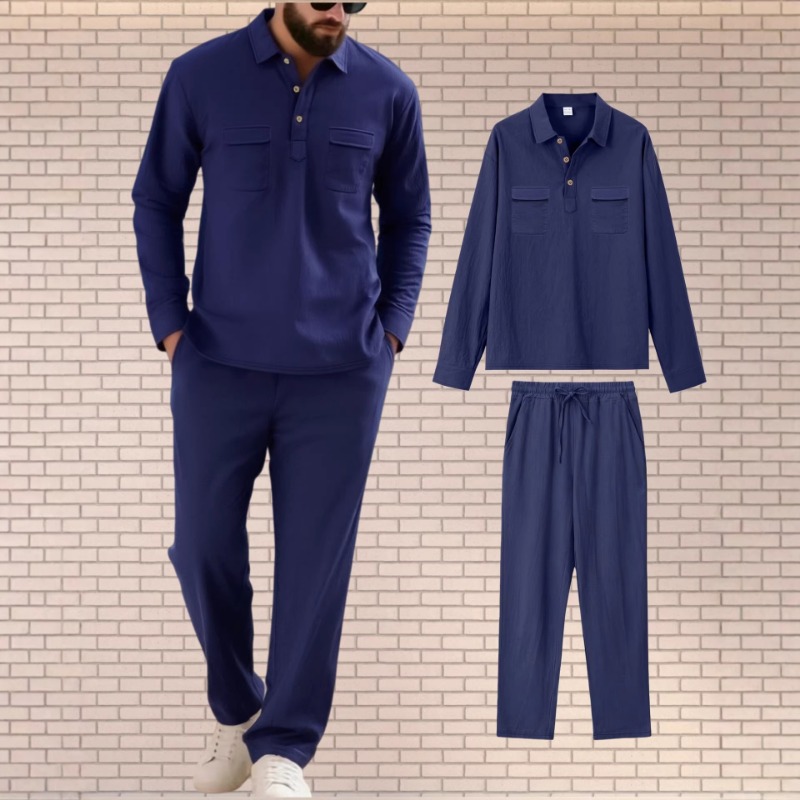 Mens Linen Shirt Long Sleeve - Heren linnenmix tweedelig set met lange