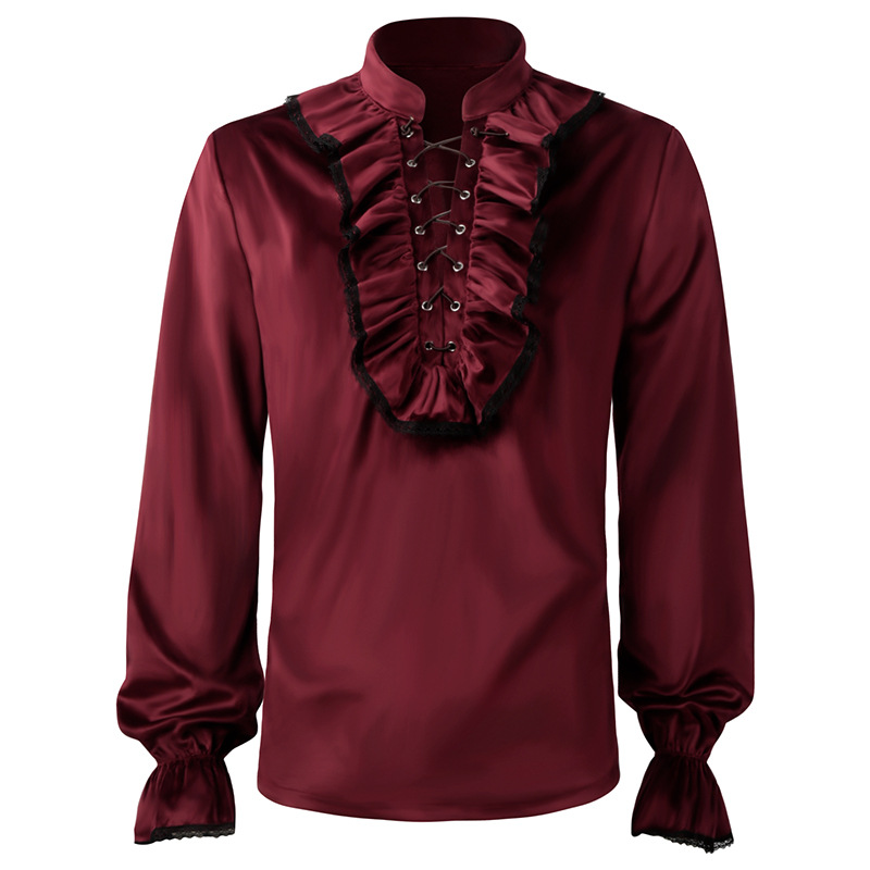Red Lace Up Ruches Lantaarn Mo - Medieval Gothic Lace Up Pirate Shirt recensie en prijs
