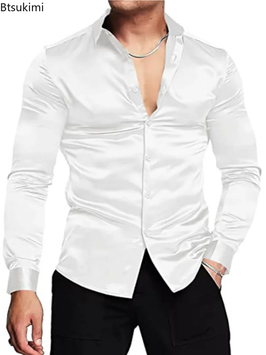 Nieuwe 2026 Mannen Luxe Glanze - Mens Satin Silk Dress Shirt recensie en prijs