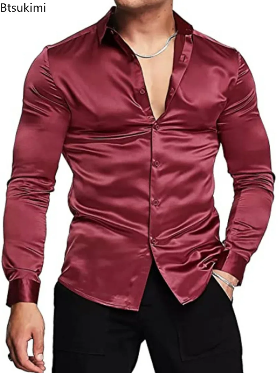 Nieuwe 2026 Mannen Luxe Glanze - Mens Satin Silk Dress Shirt recensie en prijs
